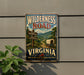 A vintage-style metal sign for Wilderness Road in Virginia, featuring a wagon train and a scenic mountain landscape.