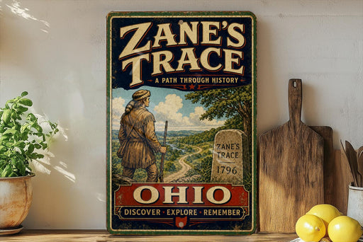 A vintage-style sign for "Zane's Trace" is displayed on a wooden shelf, featuring a man in a historical outfit and a scenic landscape.