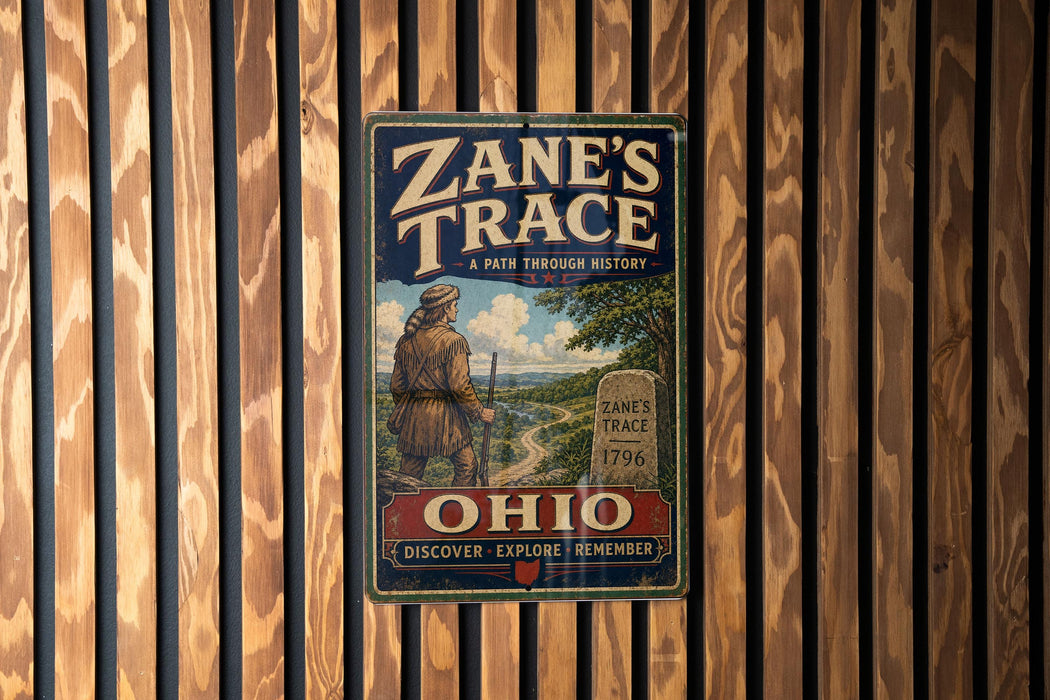 A vintage-style metal sign with the text "Zane's Trace" and "OHIO" is displayed on a wooden wall.