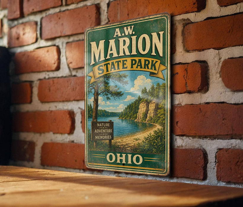A vintage metal sign for A.W. Marion State Park in Ohio, featuring a scenic landscape with a lake and mountains.