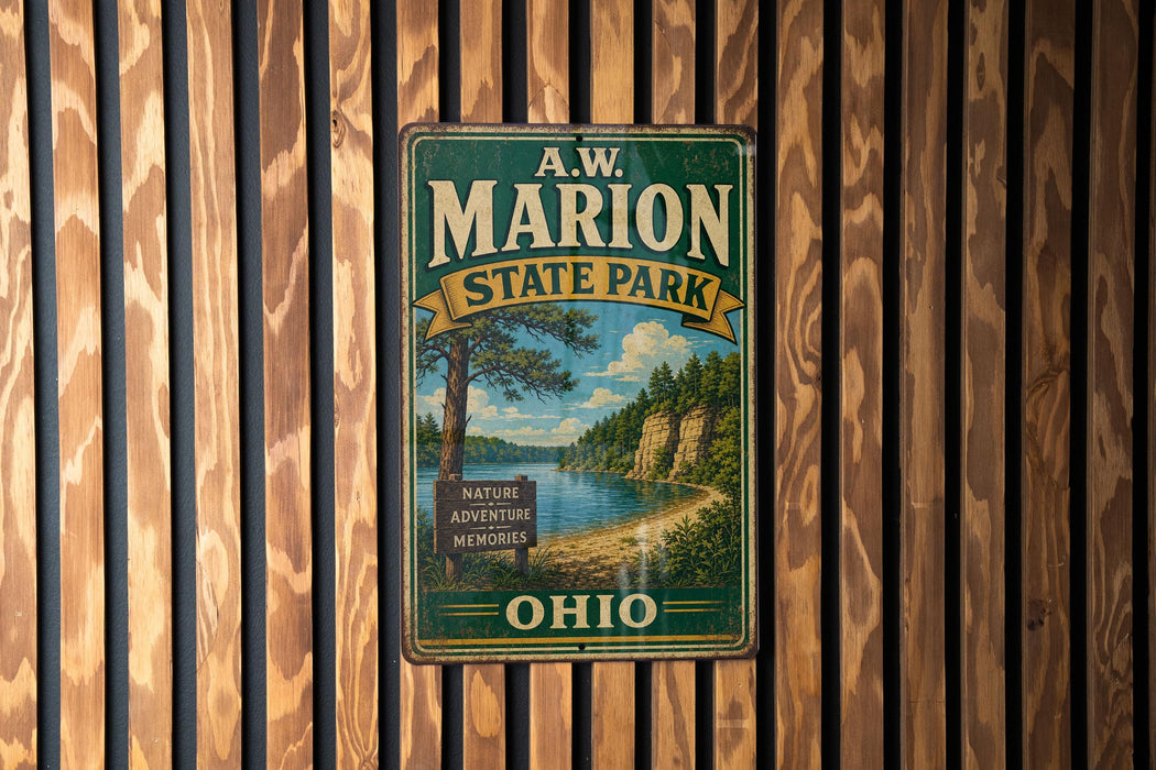 A vintage metal sign for A.W. Marion State Park in Ohio, featuring a scenic landscape with a lake and trees.