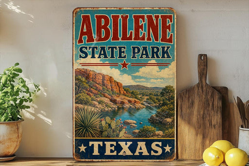 A vintage-style sign for Abilene State Park in Texas, featuring a scenic landscape with mountains, cacti, and a river.