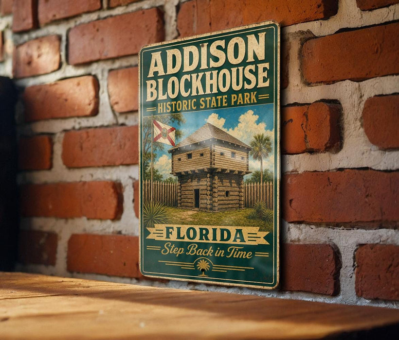 A vintage-style sign for Addison Blockhouse Historic State Park in Florida, featuring a wooden fort or tower with a flag and palm trees.