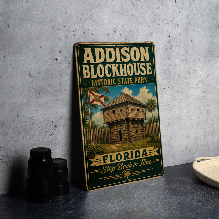 A vintage-style metal sign for Addison Blockhouse Historic State Park in Florida, featuring an illustration of a historic fort or building.