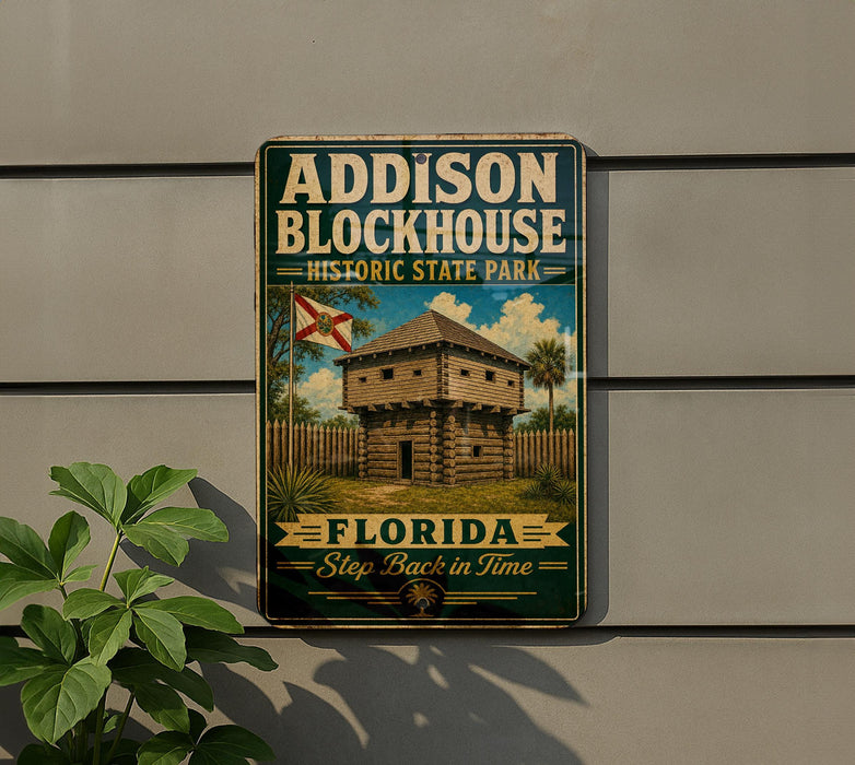 A metal sign for Addison Blockhouse Historic State Park in Florida, featuring a wooden fort-like structure and a palm tree.