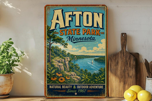 a vintage-style sign for Afton State Park in Minnesota, with a scenic landscape depicting a lake, mountains, and a sailboat.