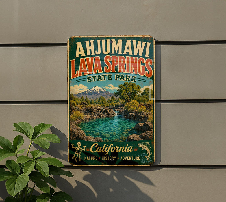 A vintage-style sign for Ahjum Aawi Lava Springs State Park, featuring a scenic landscape with a waterfall and mountains.