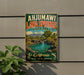A vintage-style sign for Ahjum Aawi Lava Springs State Park, featuring a scenic landscape with a waterfall and mountains.