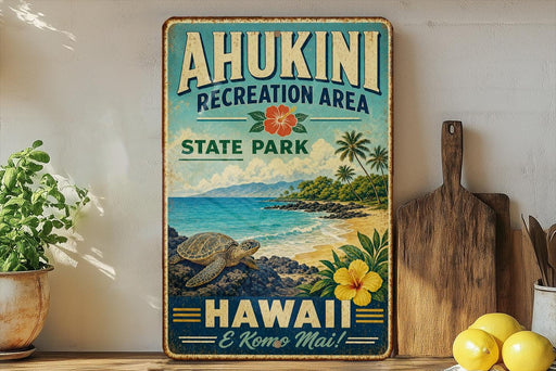 A vintage-style metal sign for the Ahukini Recreation Area in Hawaii, featuring a tropical beach scene with a turtle, palm trees, and a hibiscus flower.