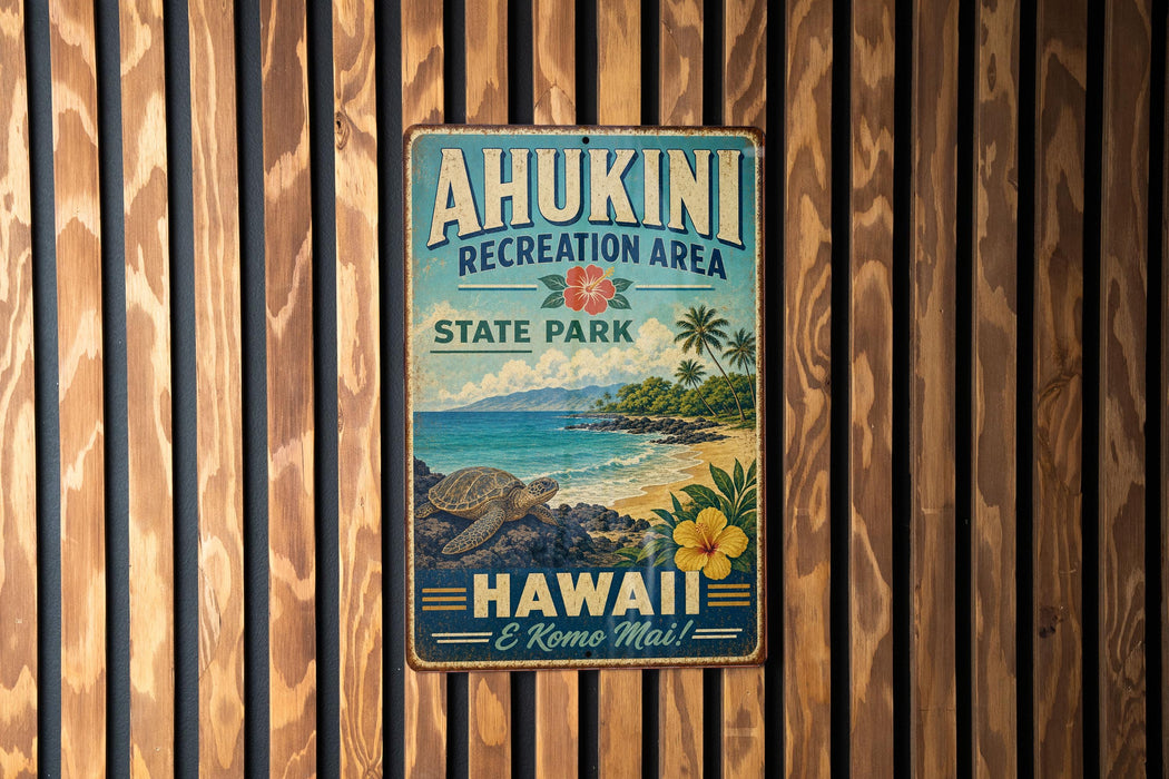 A vintage metal sign for the Ahukini Recreation Area in Hawaii, featuring a beach scene with a turtle and palm trees.
