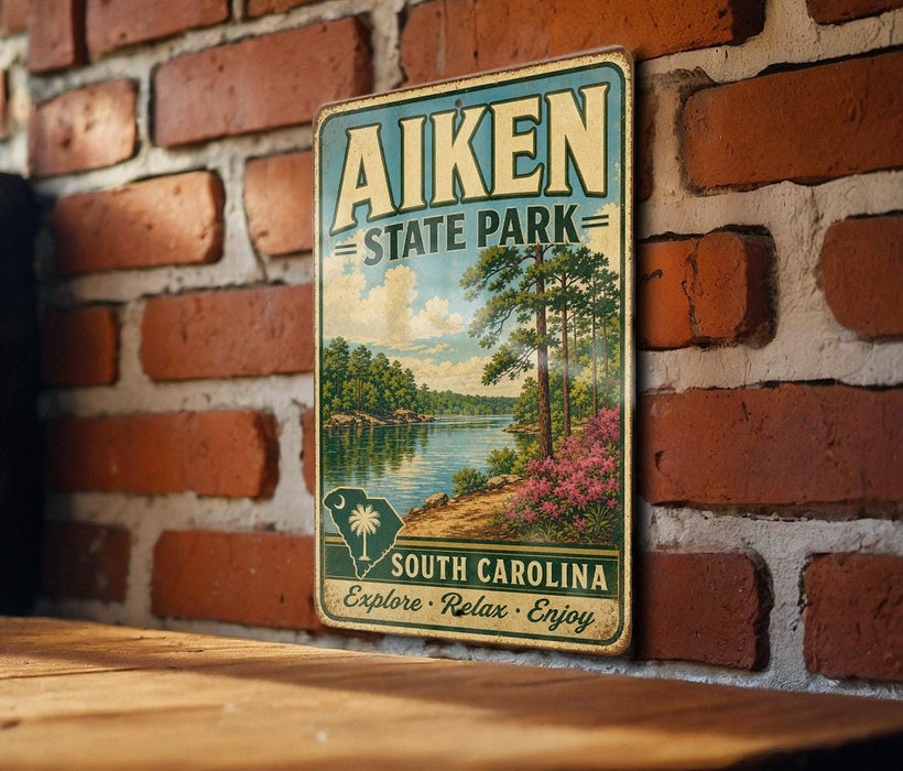 A vintage-style metal sign for Aiken State Park, featuring a scenic landscape with a lake, trees, and a palm tree.