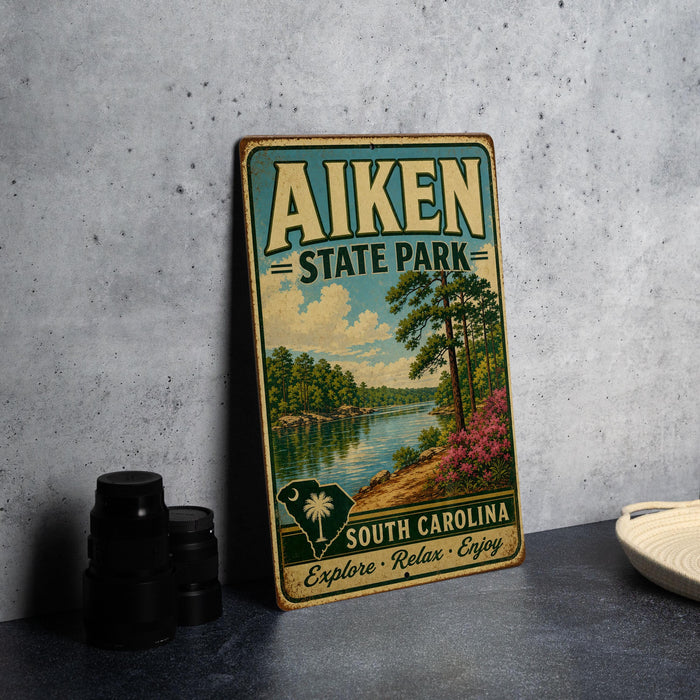 A vintage-style metal sign for Aiken State Park, featuring a scenic landscape with a lake, trees, and a palm tree.