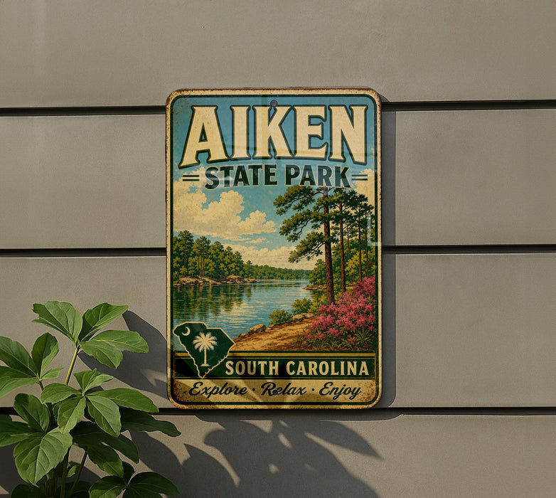 A vintage-style sign for Aiken State Park, featuring a scenic landscape with a river, trees, and a palm tree.