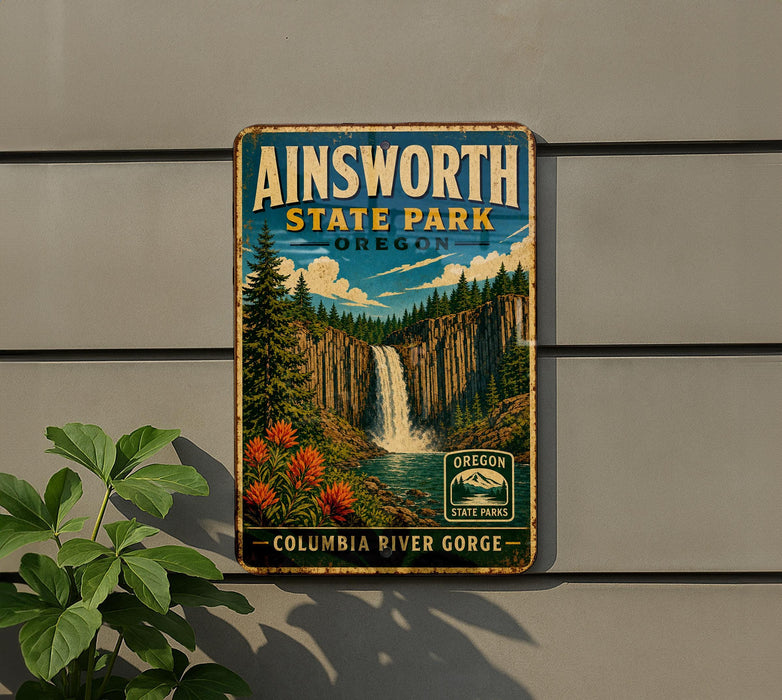 A vintage-style metal sign for Ainsworth State Park in Oregon, featuring a waterfall and forest landscape.