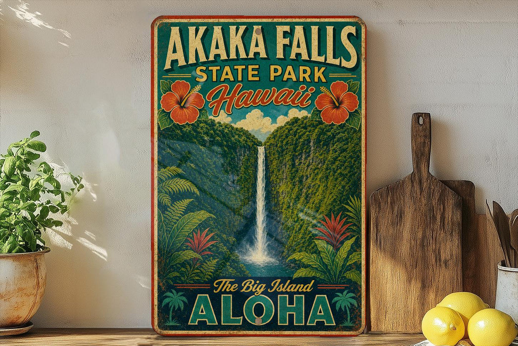 A vintage-style sign for Akaka Falls State Park in Hawaii, featuring a waterfall surrounded by lush greenery and tropical flowers.