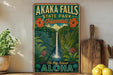 A vintage-style sign for Akaka Falls State Park in Hawaii, featuring a waterfall surrounded by lush greenery and tropical flowers.