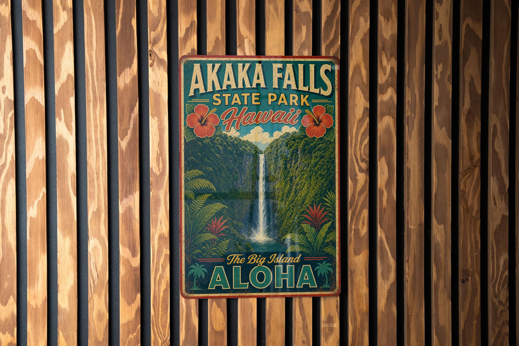 A vintage-style metal sign for Akaka Falls State Park in Hawaii, featuring a waterfall and tropical foliage, is displayed on a wooden wall.