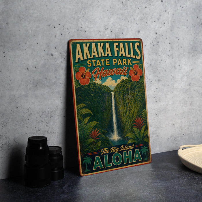 A vintage-style sign for Akaka Falls State Park in Hawaii, featuring a waterfall and tropical foliage.