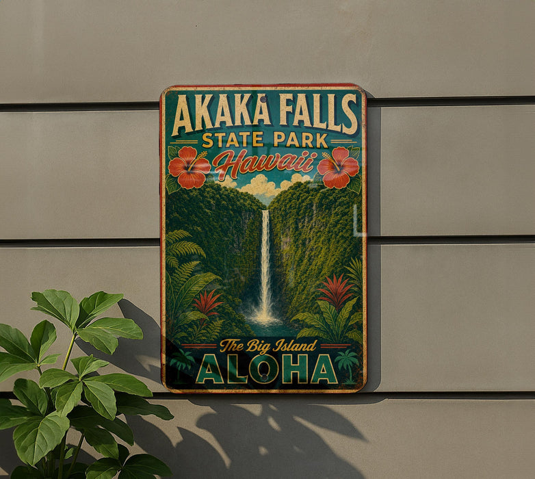 A vintage-style metal sign for Akaka Falls State Park in Hawaii, featuring a waterfall surrounded by lush greenery and tropical flowers.