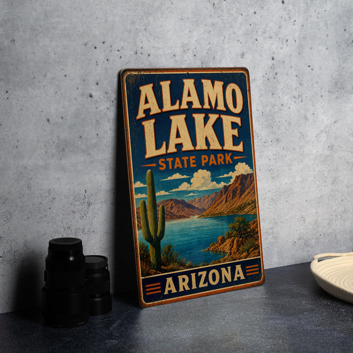 A vintage-style sign for Alamo Lake State Park in Arizona, featuring a desert landscape with a cactus and a lake.