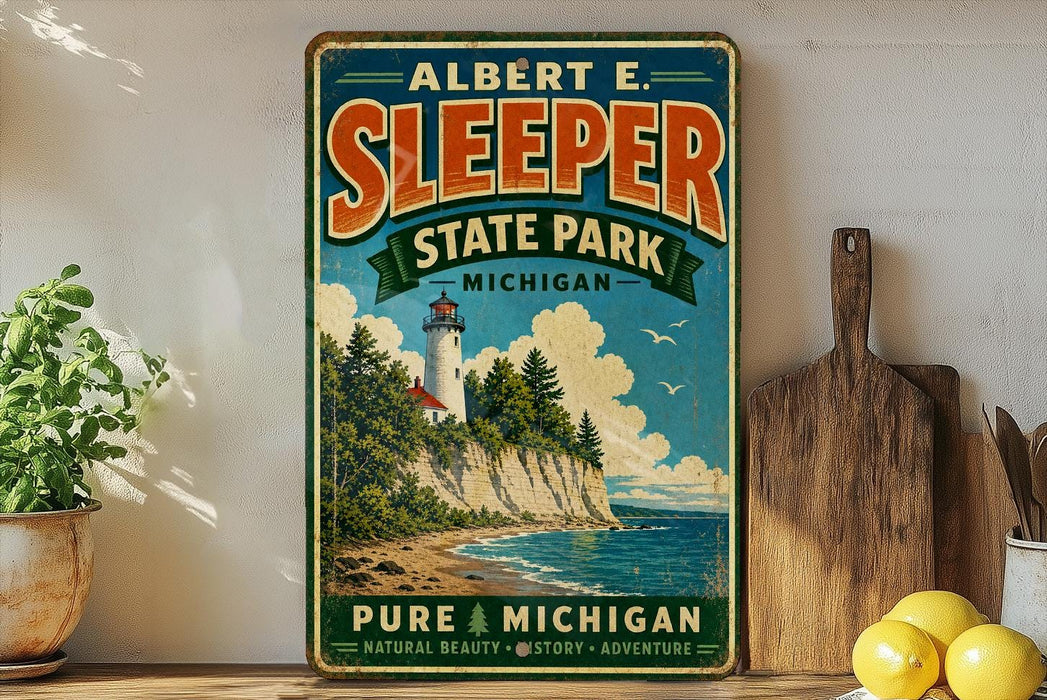 A vintage-style metal sign for Albert E. Sleeper State Park in Michigan, featuring a lighthouse and a coastal landscape.