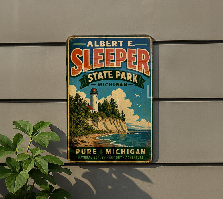 A vintage-style metal sign for Albert E. Sleeper State Park in Michigan, featuring a lighthouse and a scenic landscape.