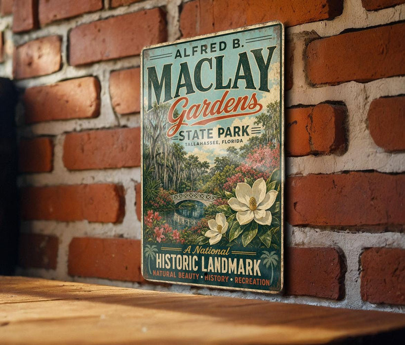 A vintage-style metal sign for Alfred B. Maclay Gardens, a historic landmark in Tallahassee, Florida.