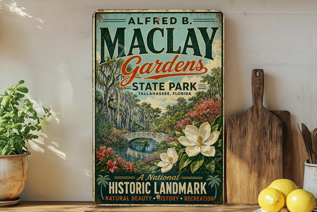 A vintage-style sign for Alfred B. Maclay Gardens, a historic landmark in Tallahassee, Florida, featuring a tropical garden scene with a bridge and flowers.