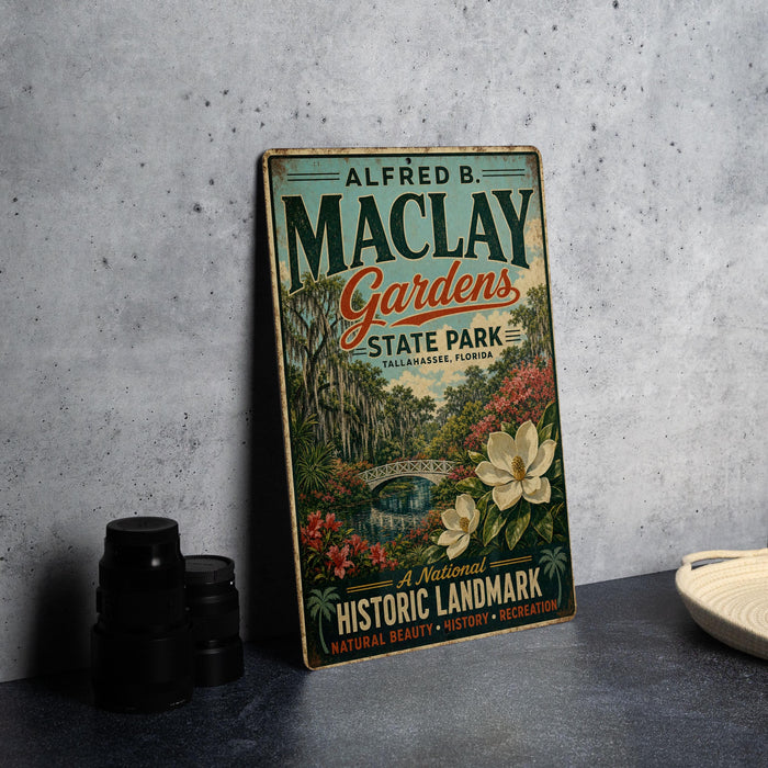 A vintage-style metal sign for Maclay Gardens State Park in Tallahassee, Florida, featuring a tropical garden scene with flowers and a bridge.