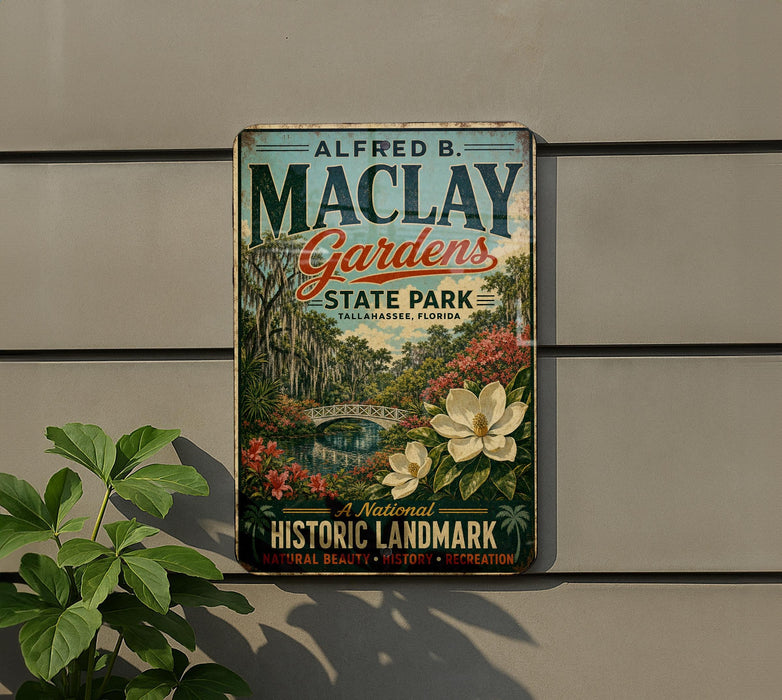 A vintage-style metal sign for Alfred B. Maclay Gardens, featuring a scenic illustration of the park and its surroundings.