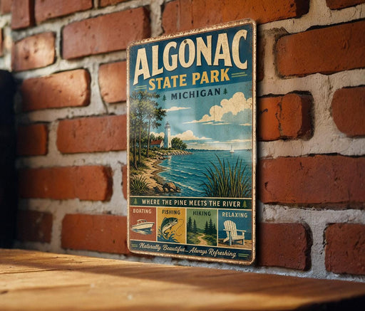 A vintage-style metal sign for Algonac State Park in Michigan, featuring a scenic illustration of the park's natural beauty and recreational activities.