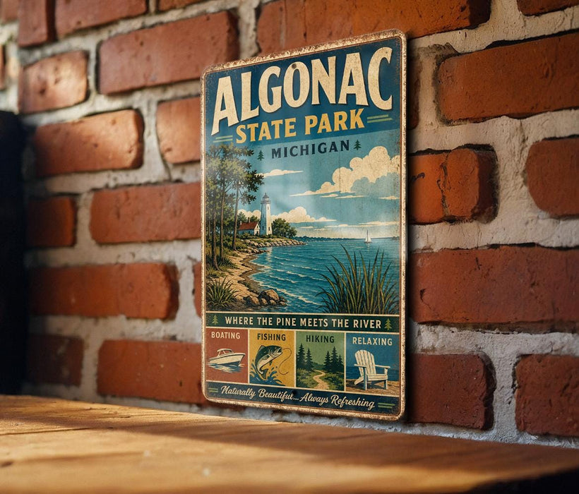 A vintage-style metal sign for Algonac State Park in Michigan, featuring a scenic illustration of the park's natural beauty and recreational activities.