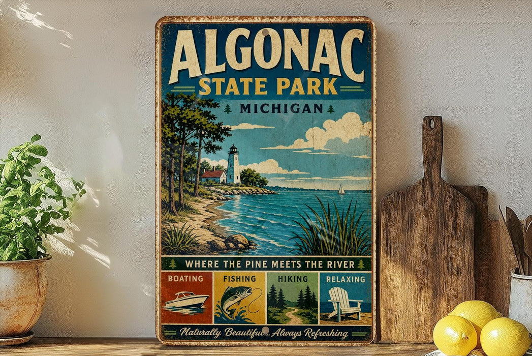 A vintage-style sign for Algonac State Park in Michigan, featuring illustrations of a lighthouse, pine trees, and a lake, along with text promoting various activities such as boating, fishing, hiking, and relaxing.