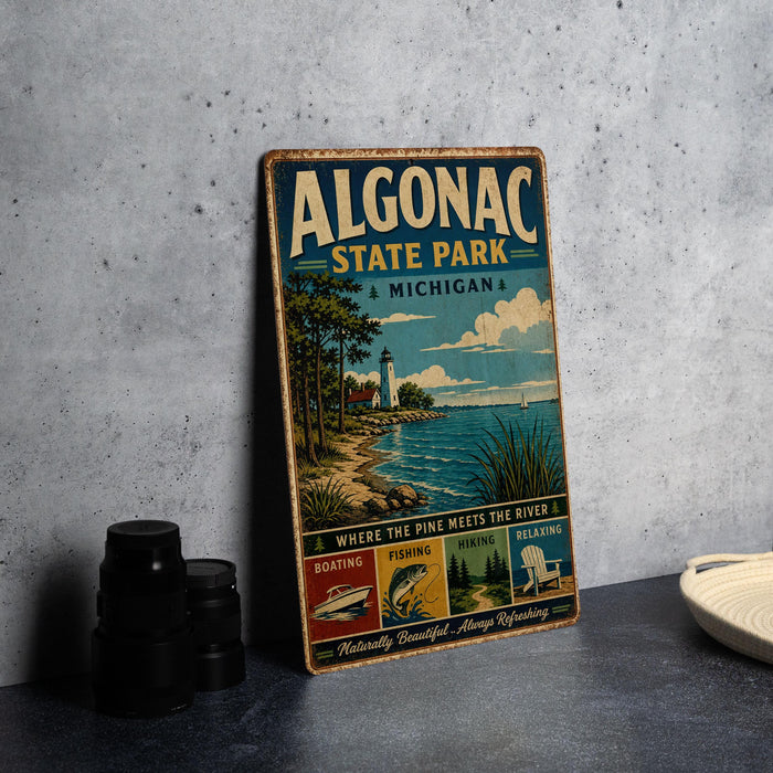 A vintage-style sign for Algonac State Park in Michigan, featuring illustrations of the park's natural beauty and recreational activities.