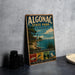 A vintage-style sign for Algonac State Park in Michigan, featuring illustrations of the park's natural beauty and recreational activities.