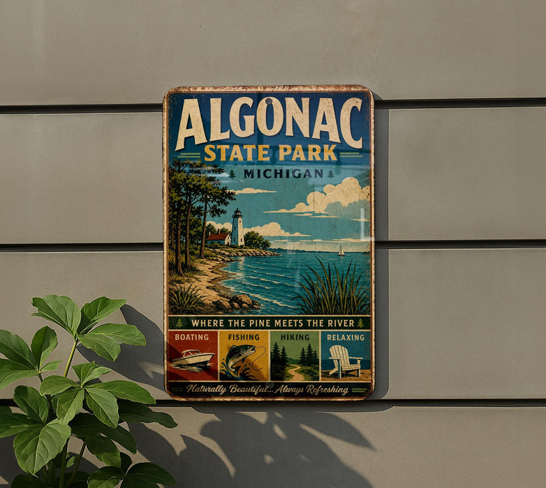 A vintage-style metal sign for Algonac State Park in Michigan, featuring illustrations of various outdoor activities such as boating, fishing, hiking, and relaxing by the river.