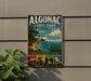 A vintage-style metal sign for Algonac State Park in Michigan, featuring illustrations of various outdoor activities such as boating, fishing, hiking, and relaxing by the river.