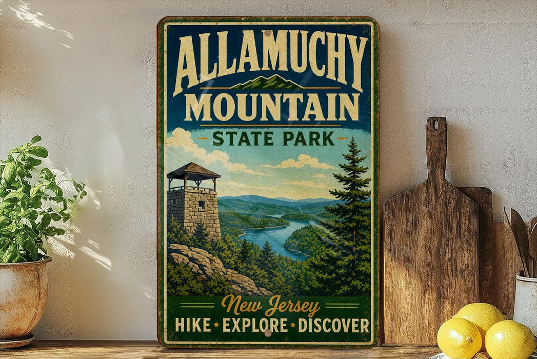 A vintage-style metal sign for Allamuchy Mountain State Park, featuring a scenic mountain landscape with a lookout tower, is displayed on a shelf next to a wooden cutting board and some potted plants.