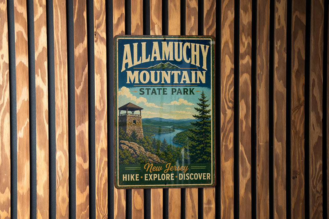 A vintage metal sign for Allamuchy Mountain State Park, featuring a scenic mountain landscape with a lookout tower, is displayed on a wooden wall.