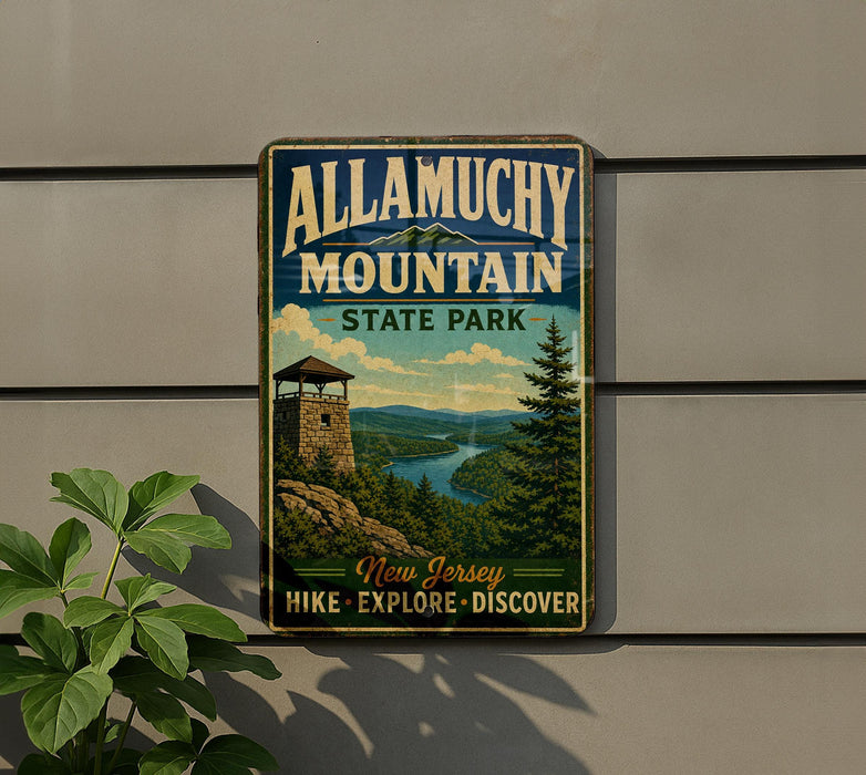 A vintage metal sign for Allamuchy Mountain State Park, featuring a scenic mountain landscape and a tower, is displayed on a wall.
