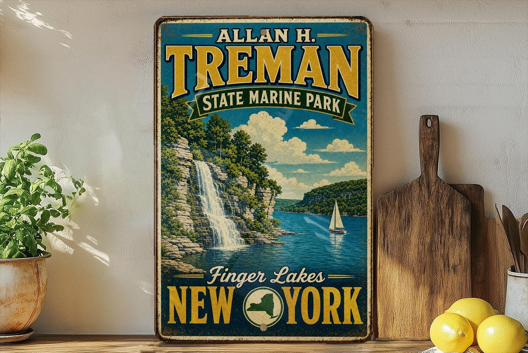 A vintage-style sign for Allan H. Treman State Marine Park, featuring a scenic image of a waterfall and a sailboat on Finger Lakes, New York.