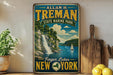 A vintage-style sign for Allan H. Treman State Marine Park, featuring a scenic image of a waterfall and a sailboat on Finger Lakes, New York.