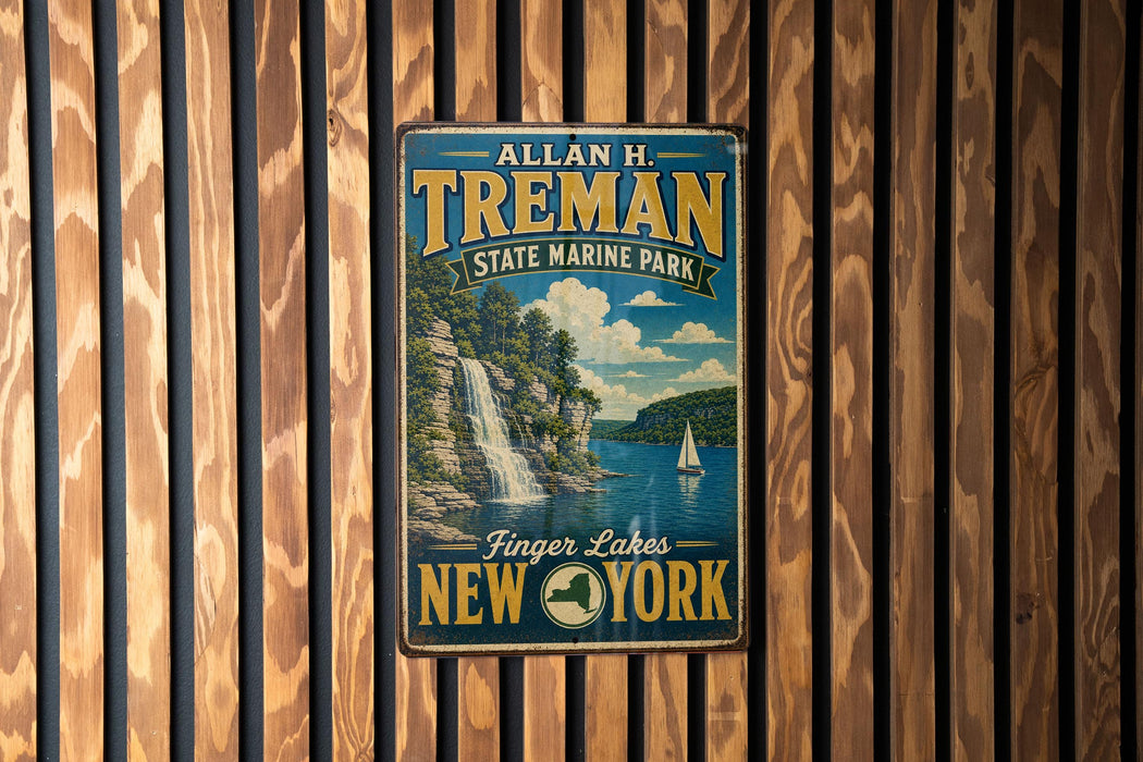 A vintage metal sign for Allan H. Treman State Marine Park, featuring a scenic image of a waterfall and a sailboat on Finger Lakes, New York.