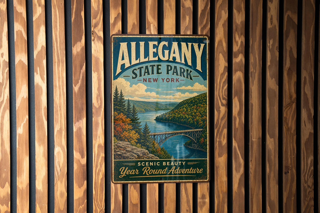 A vintage-style metal sign for Allegany State Park in New York, featuring a scenic landscape with a bridge and trees.