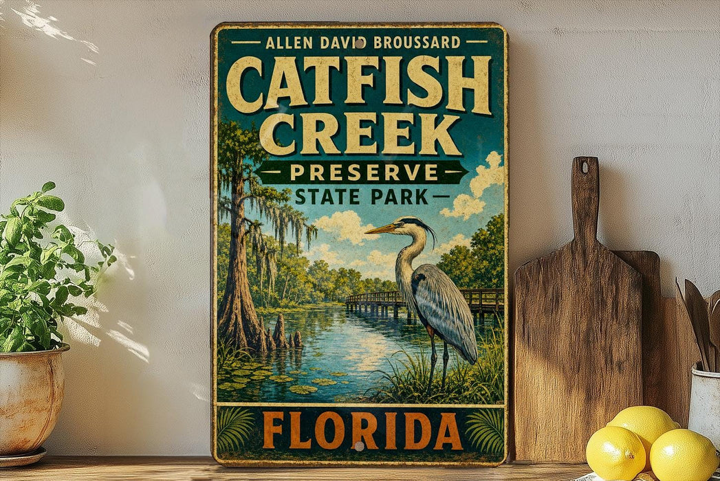 A vintage-style metal sign for Catfish Creek Preserve in Florida, featuring a large blue heron in the foreground and a serene landscape of a river and trees in the background.
