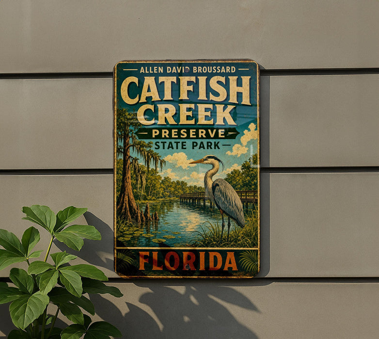 A vintage-style metal sign for Catfish Creek Preserve, Florida, featuring a large bird and a serene landscape.