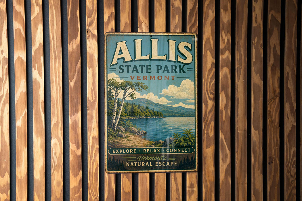 A vintage metal sign for Allis State Park in Vermont, featuring a scenic landscape with a lake and mountains.