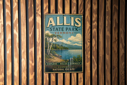A vintage metal sign for Allis State Park in Vermont, featuring a scenic landscape with a lake and mountains.