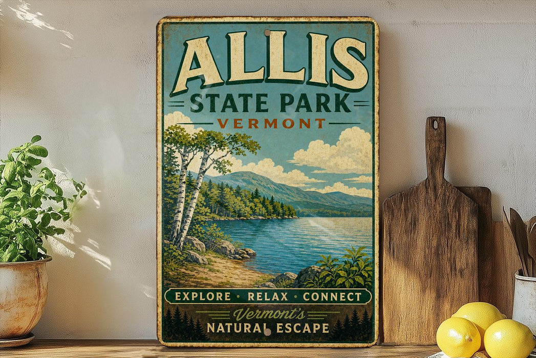 A vintage-style sign for Allis State Park in Vermont, featuring a scenic landscape with a lake and mountains.