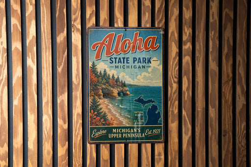 A vintage-style metal sign for Aloha State Park in Michigan, featuring a scenic image of the park and its surrounding landscape.